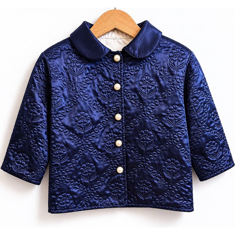 Vintage Bufi Italy Navy Quilted Floral Jacket Girls Size 18M Peter Pan Collar